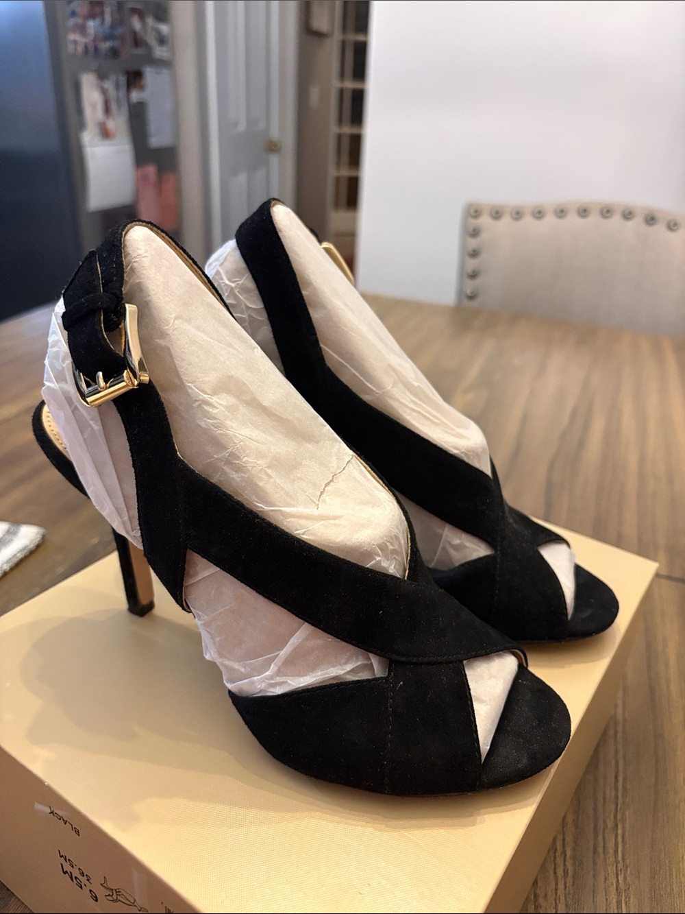 MICHAEL Michael Kors Black Suede Crisscross Peep-Toe Slingback Heels